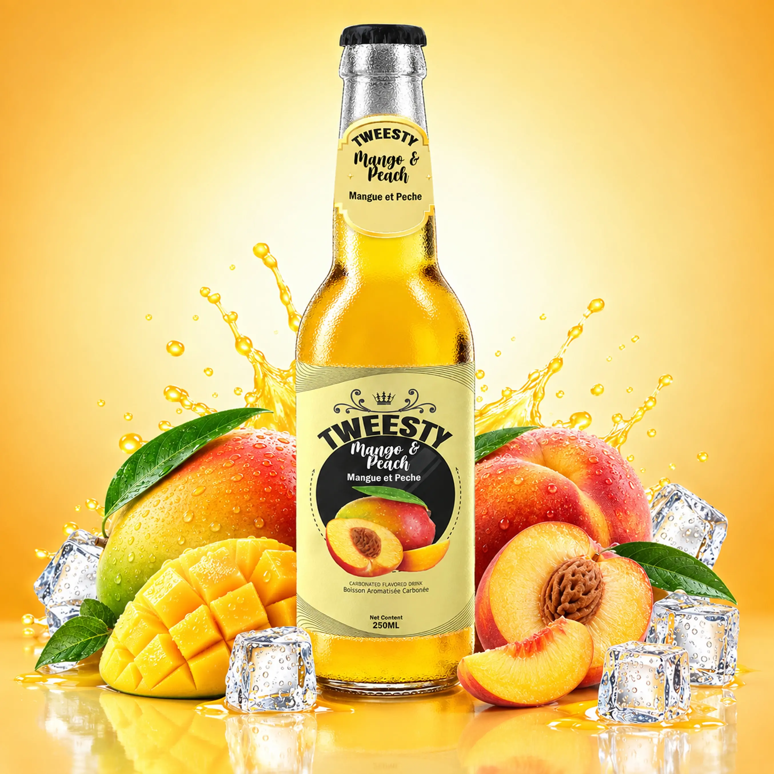 TWEESTY Mango Peach carbonated flavoured drink 250ml glass bottle with mango, peach, ice and splash